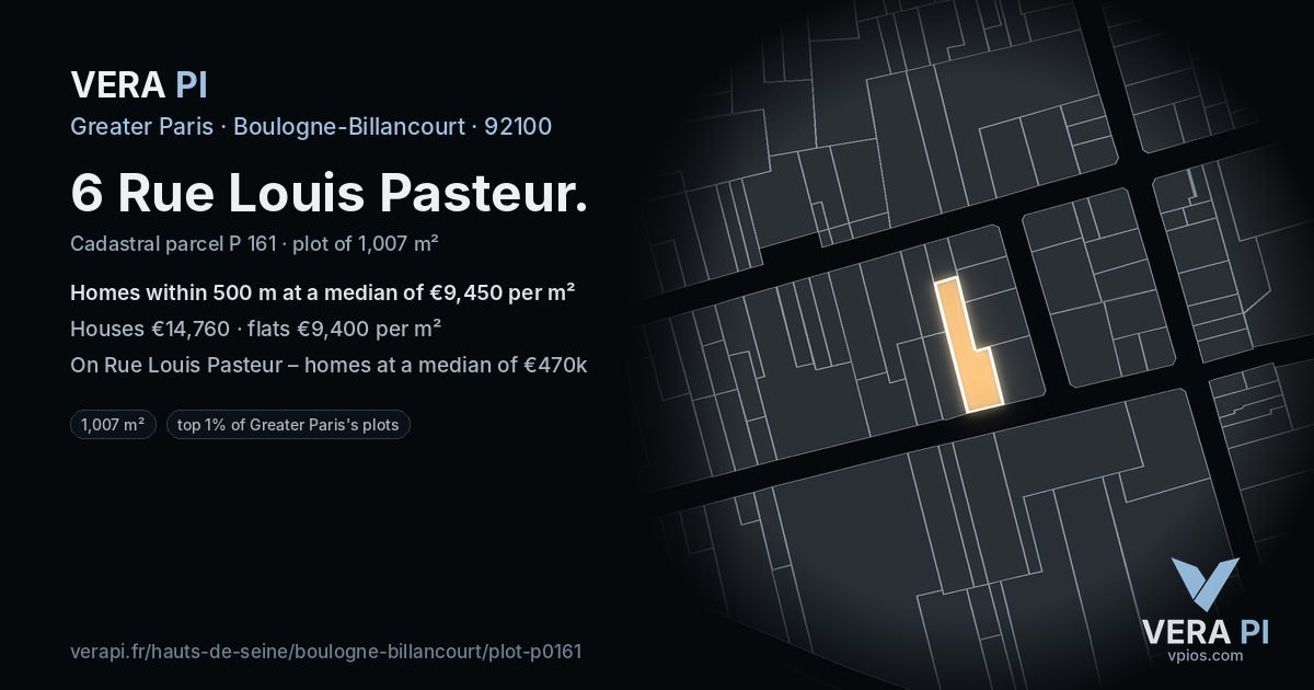 6 Rue Louis Pasteur, Boulogne-Billancourt at night – the plot lit, the parcels around coloured by the prices near them