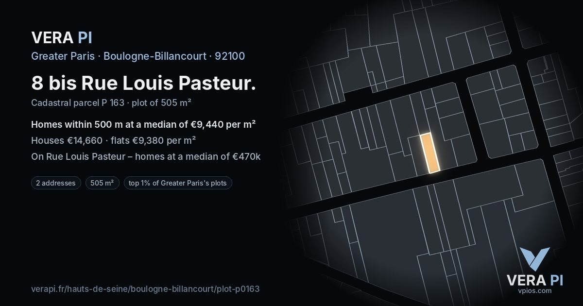 8 bis Rue Louis Pasteur, Boulogne-Billancourt at night – the plot lit, the parcels around coloured by the prices near them