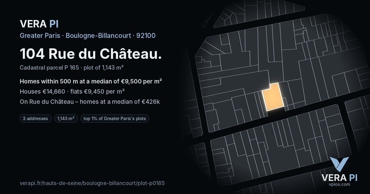 104 Rue du Château, Boulogne-Billancourt at night – the plot lit, the parcels around coloured by the prices near them
