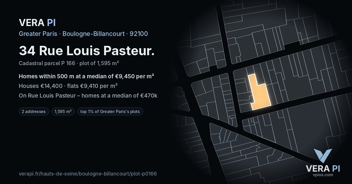 34 Rue Louis Pasteur, Boulogne-Billancourt at night – the plot lit, the parcels around coloured by the prices near them