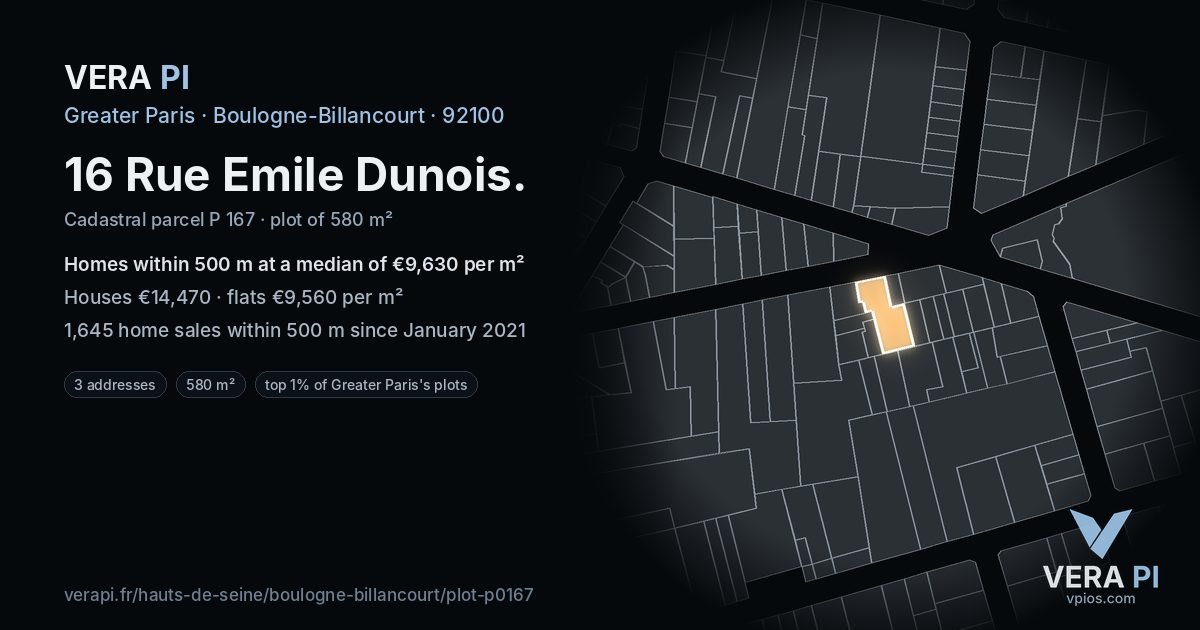 16 Rue Emile Dunois, Boulogne-Billancourt at night – the plot lit, the parcels around coloured by the prices near them