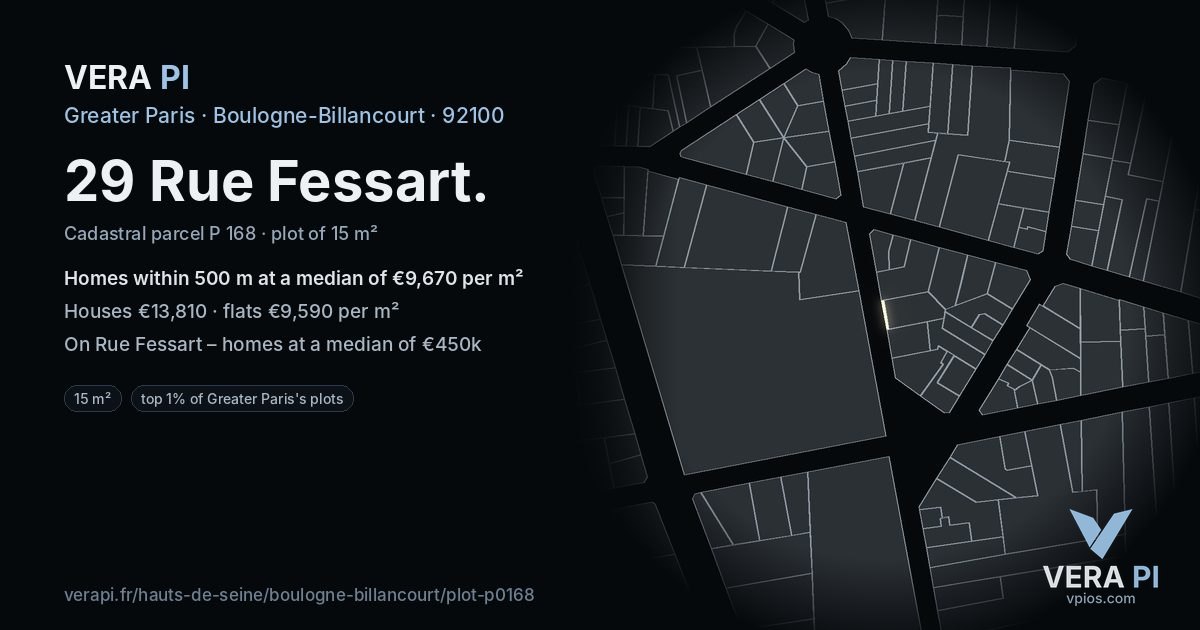 29 Rue Fessart, Boulogne-Billancourt at night – the plot lit, the parcels around coloured by the prices near them