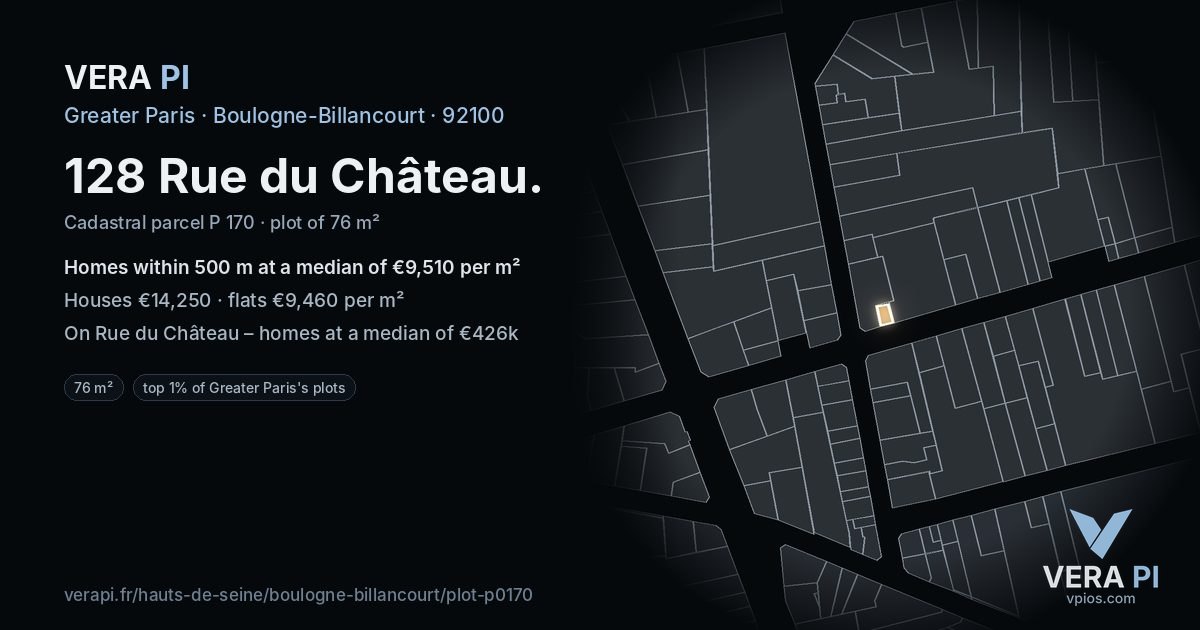 128 Rue du Château, Boulogne-Billancourt at night – the plot lit, the parcels around coloured by the prices near them