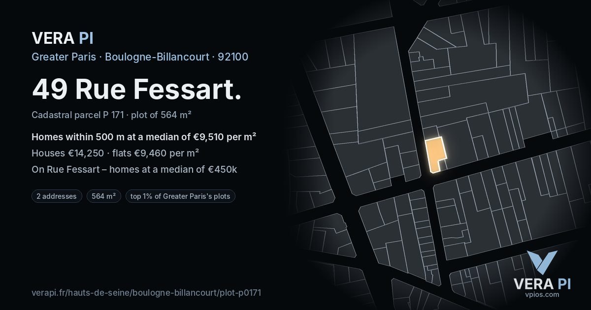 49 Rue Fessart, Boulogne-Billancourt at night – the plot lit, the parcels around coloured by the prices near them