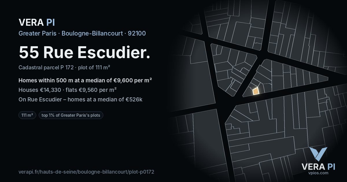 55 Rue Escudier, Boulogne-Billancourt at night – the plot lit, the parcels around coloured by the prices near them