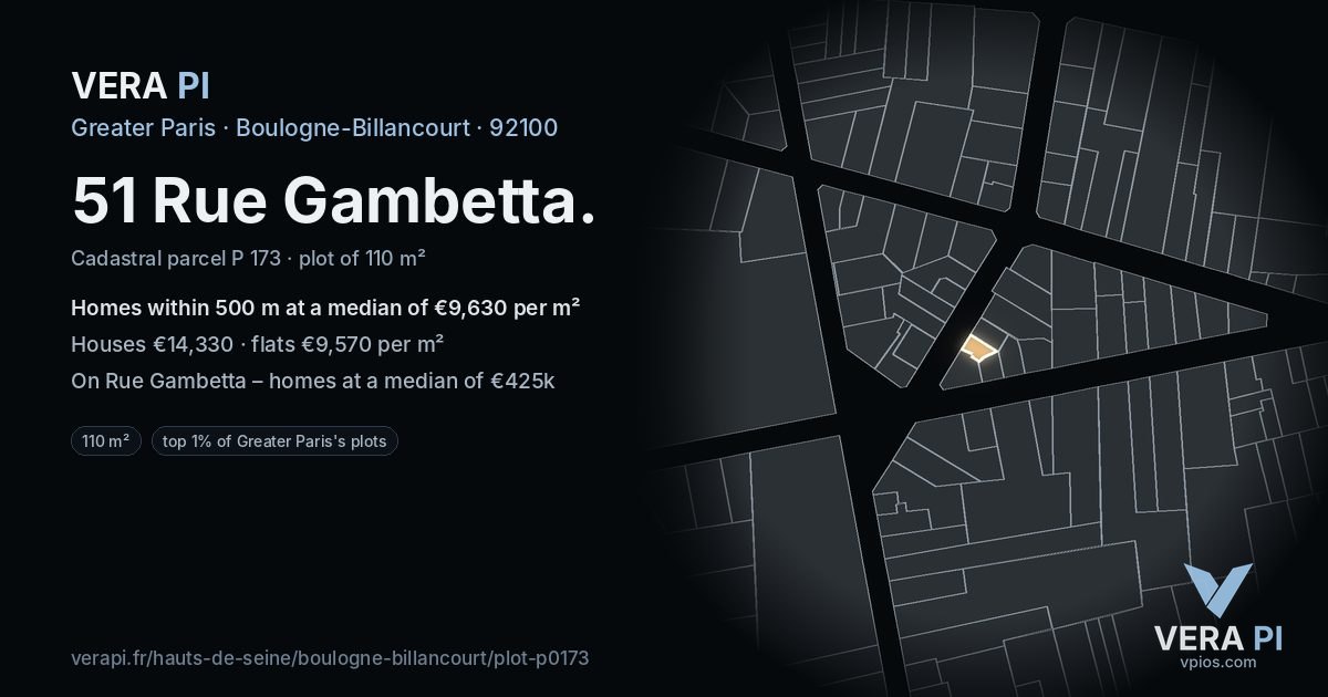 51 Rue Gambetta, Boulogne-Billancourt at night – the plot lit, the parcels around coloured by the prices near them