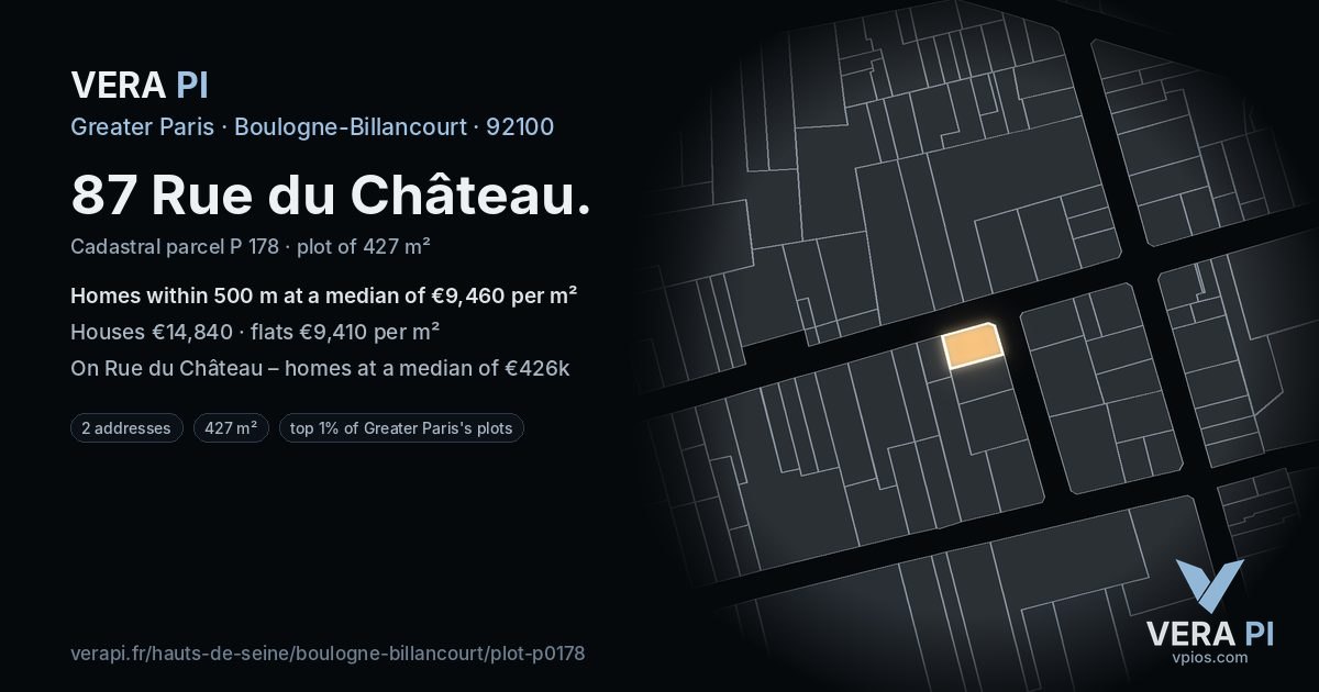 87 Rue du Château, Boulogne-Billancourt at night – the plot lit, the parcels around coloured by the prices near them
