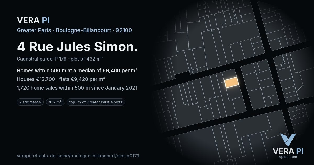 4 Rue Jules Simon, Boulogne-Billancourt at night – the plot lit, the parcels around coloured by the prices near them