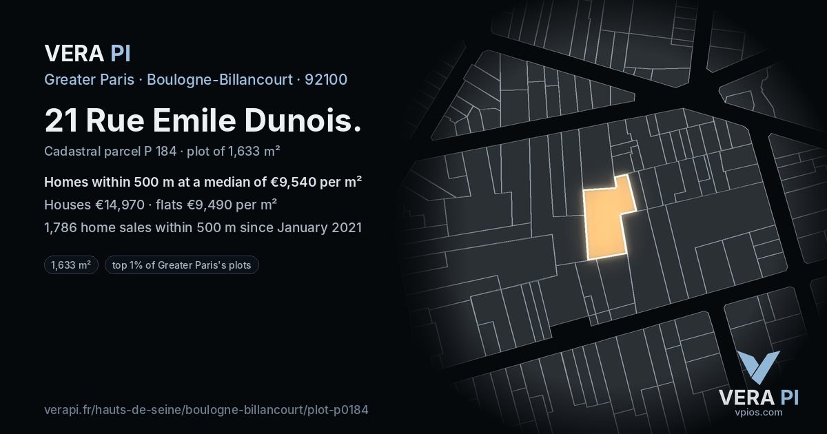 21 Rue Emile Dunois, Boulogne-Billancourt at night – the plot lit, the parcels around coloured by the prices near them