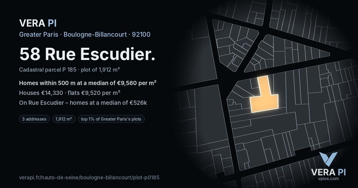 58 Rue Escudier, Boulogne-Billancourt at night – the plot lit, the parcels around coloured by the prices near them