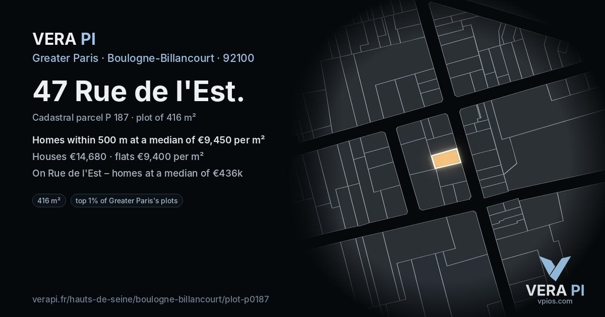47 Rue de l'Est, Boulogne-Billancourt at night – the plot lit, the parcels around coloured by the prices near them