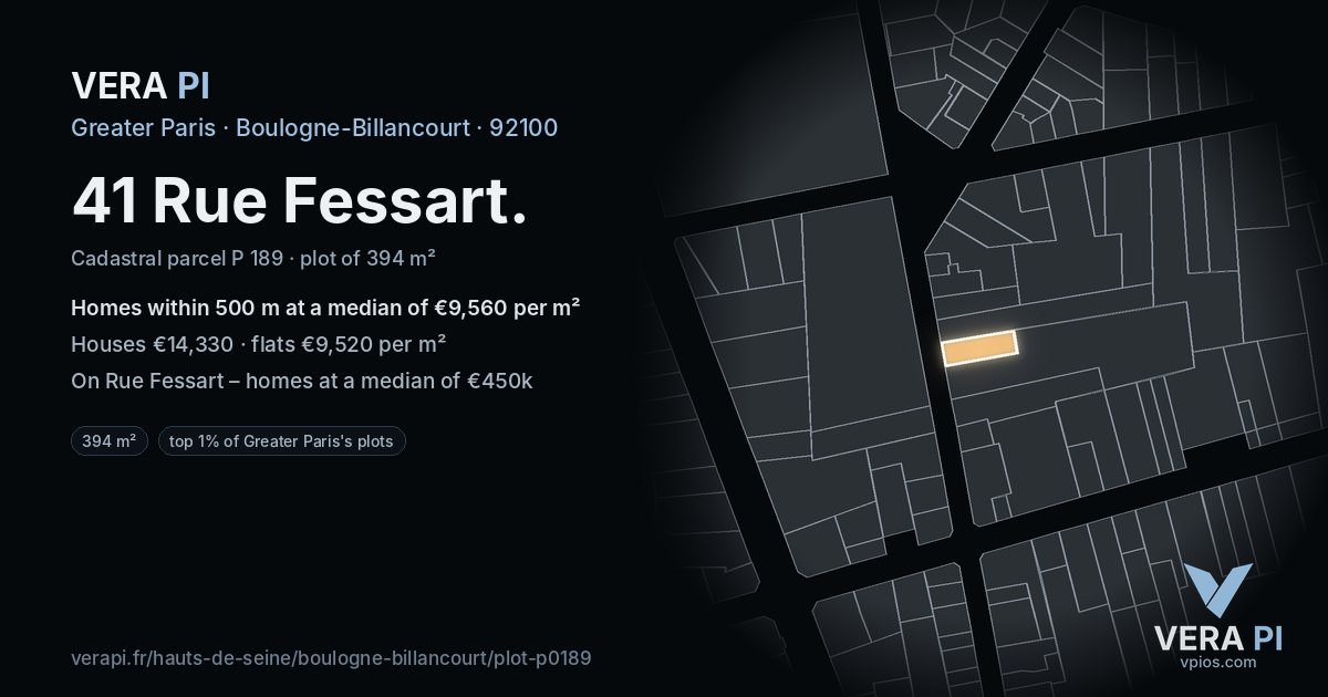 41 Rue Fessart, Boulogne-Billancourt at night – the plot lit, the parcels around coloured by the prices near them