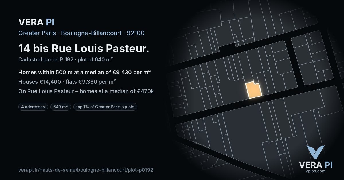 14 bis Rue Louis Pasteur, Boulogne-Billancourt at night – the plot lit, the parcels around coloured by the prices near them