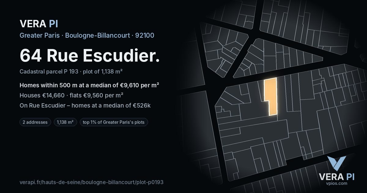 64 Rue Escudier, Boulogne-Billancourt at night – the plot lit, the parcels around coloured by the prices near them