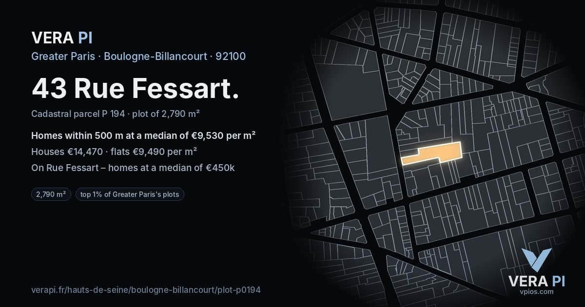 43 Rue Fessart, Boulogne-Billancourt at night – the plot lit, the parcels around coloured by the prices near them