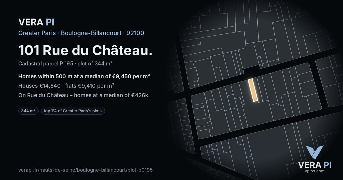 101 Rue du Château, Boulogne-Billancourt at night – the plot lit, the parcels around coloured by the prices near them