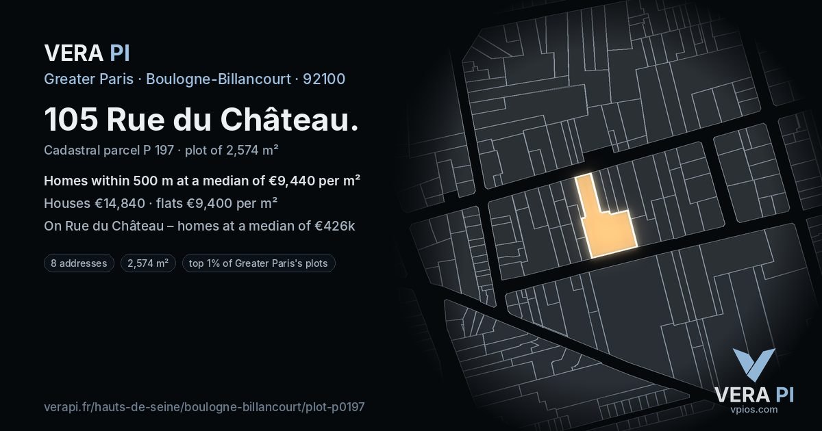 105 Rue du Château, Boulogne-Billancourt at night – the plot lit, the parcels around coloured by the prices near them