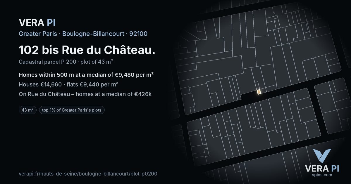 102 bis Rue du Château, Boulogne-Billancourt at night – the plot lit, the parcels around coloured by the prices near them