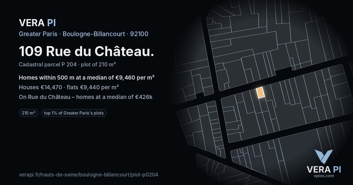 109 Rue du Château, Boulogne-Billancourt at night – the plot lit, the parcels around coloured by the prices near them