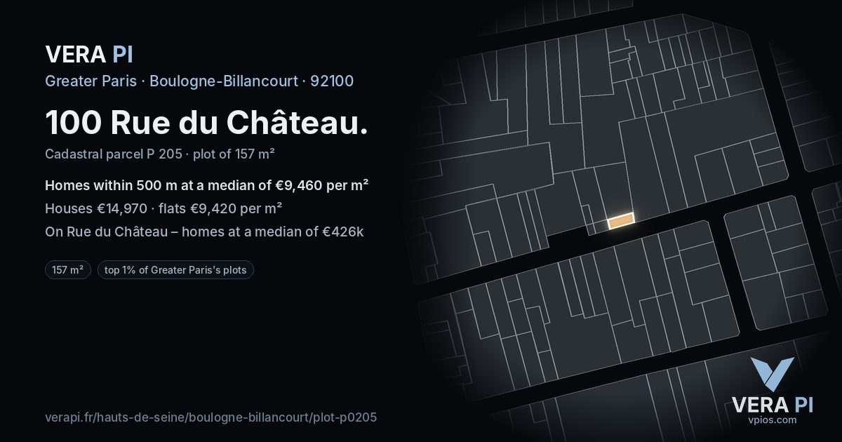100 Rue du Château, Boulogne-Billancourt at night – the plot lit, the parcels around coloured by the prices near them
