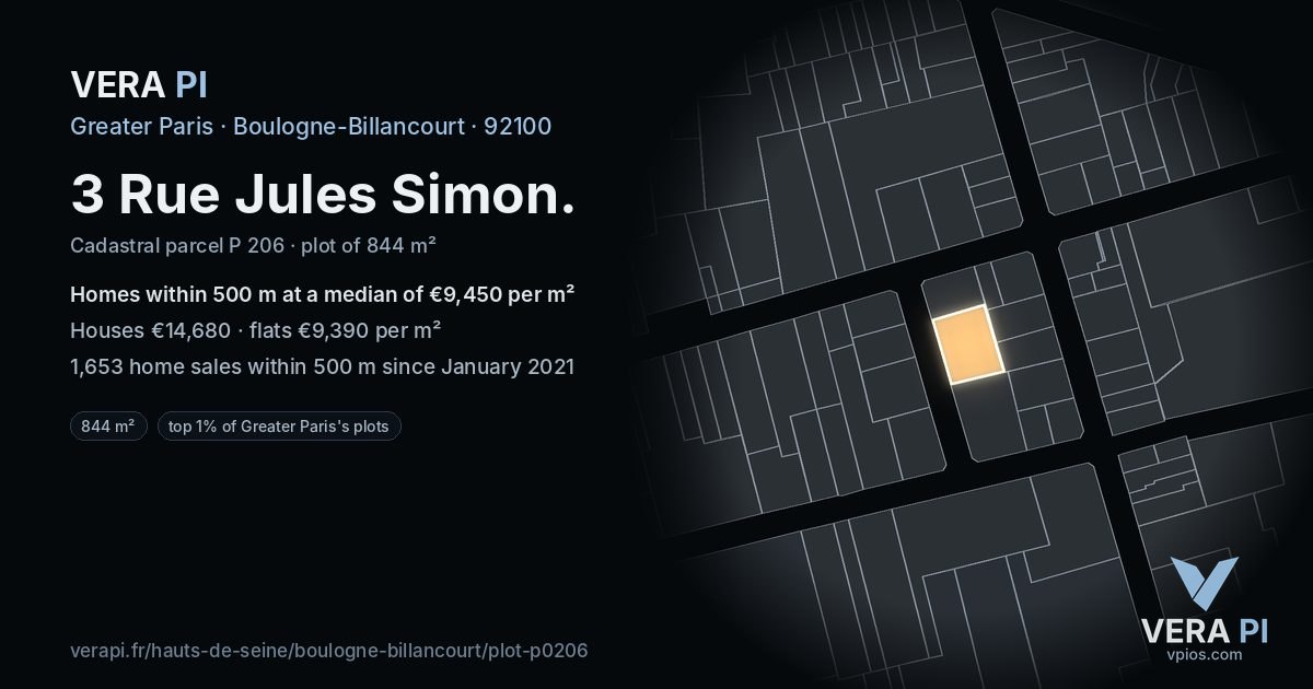 3 Rue Jules Simon, Boulogne-Billancourt at night – the plot lit, the parcels around coloured by the prices near them