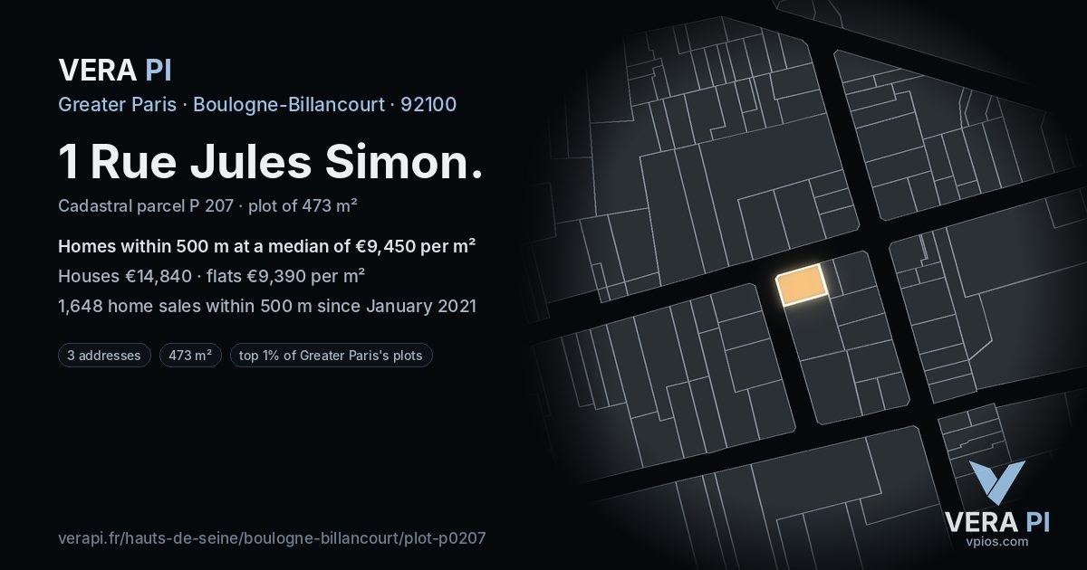 1 Rue Jules Simon, Boulogne-Billancourt at night – the plot lit, the parcels around coloured by the prices near them