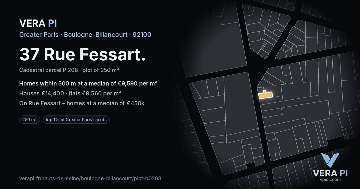 37 Rue Fessart, Boulogne-Billancourt at night – the plot lit, the parcels around coloured by the prices near them