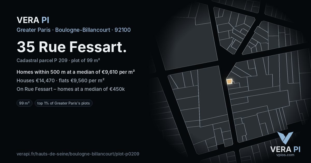 35 Rue Fessart, Boulogne-Billancourt at night – the plot lit, the parcels around coloured by the prices near them