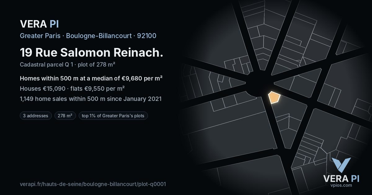 19 Rue Salomon Reinach, Boulogne-Billancourt at night – the plot lit, the parcels around coloured by the prices near them