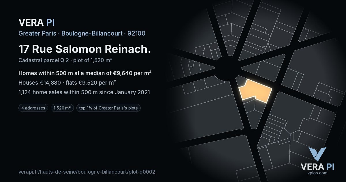 17 Rue Salomon Reinach, Boulogne-Billancourt at night – the plot lit, the parcels around coloured by the prices near them
