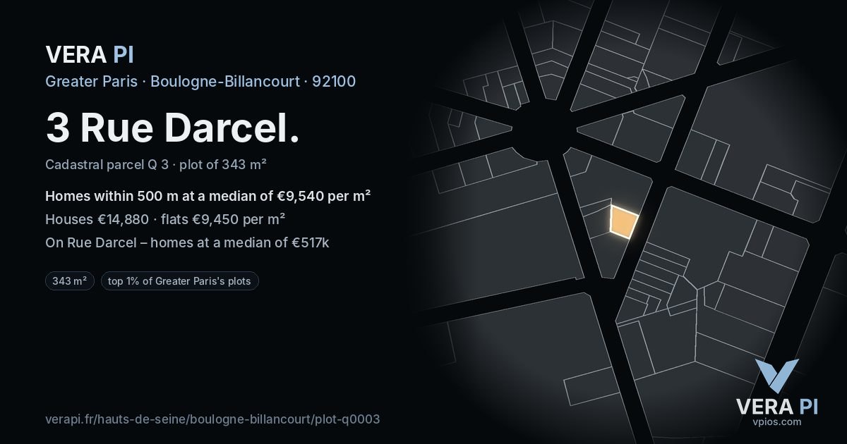 3 Rue Darcel, Boulogne-Billancourt at night – the plot lit, the parcels around coloured by the prices near them