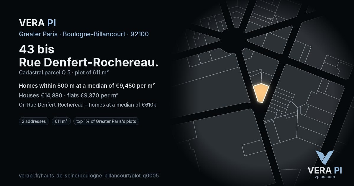 43 bis Rue Denfert-Rochereau, Boulogne-Billancourt at night – the plot lit, the parcels around coloured by the prices near them