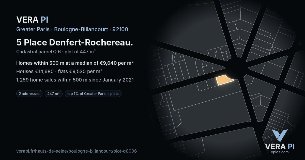 5 Place Denfert-Rochereau, Boulogne-Billancourt at night – the plot lit, the parcels around coloured by the prices near them