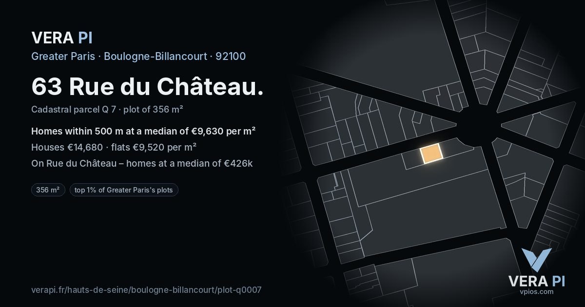 63 Rue du Château, Boulogne-Billancourt at night – the plot lit, the parcels around coloured by the prices near them