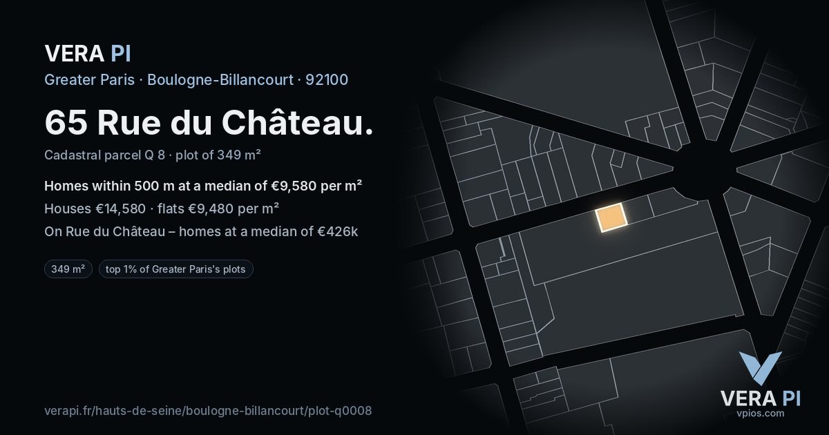 65 Rue du Château, Boulogne-Billancourt at night – the plot lit, the parcels around coloured by the prices near them