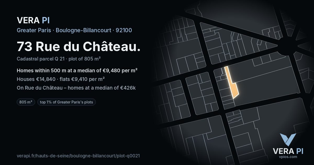 73 Rue du Château, Boulogne-Billancourt at night – the plot lit, the parcels around coloured by the prices near them