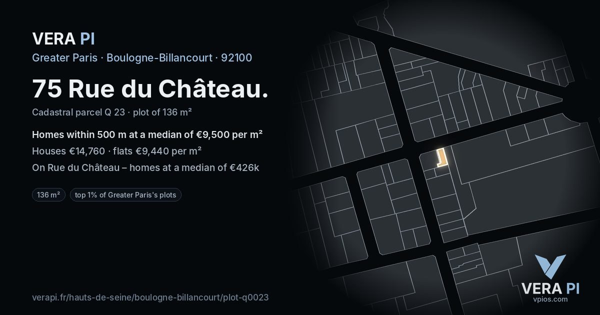 75 Rue du Château, Boulogne-Billancourt at night – the plot lit, the parcels around coloured by the prices near them