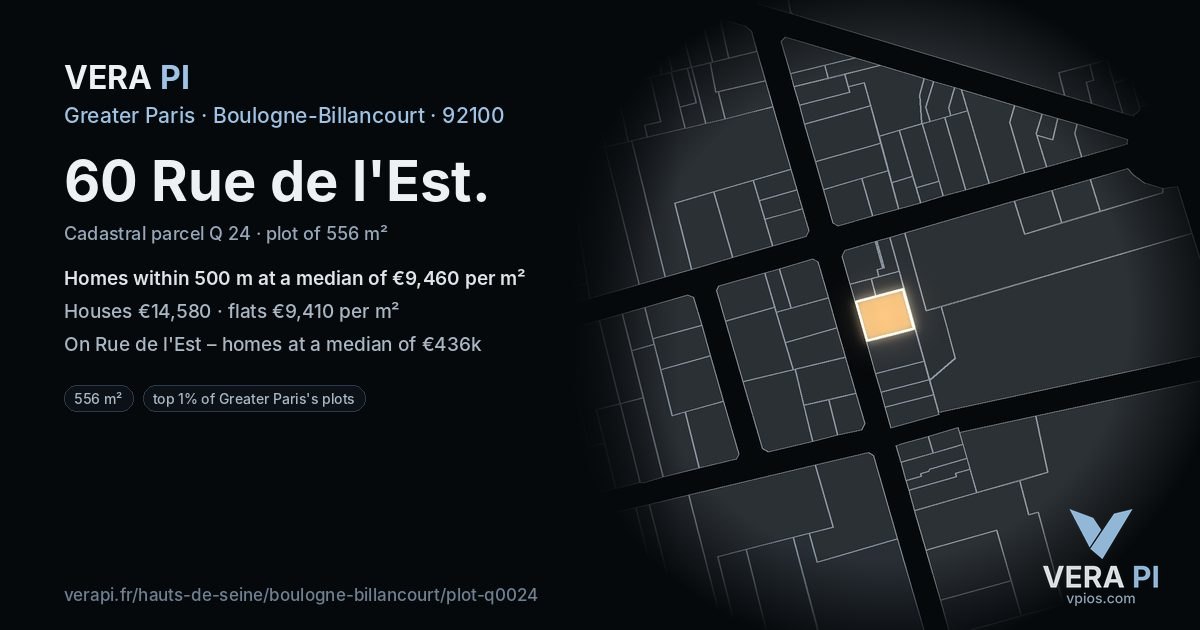60 Rue de l'Est, Boulogne-Billancourt at night – the plot lit, the parcels around coloured by the prices near them