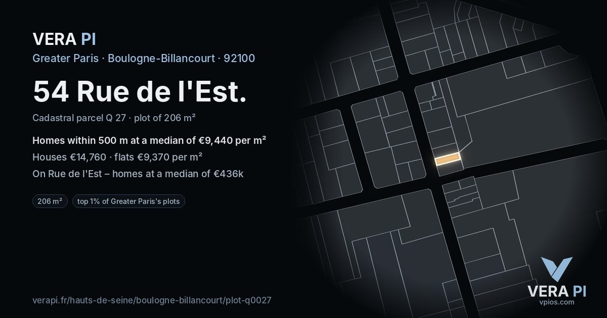 54 Rue de l'Est, Boulogne-Billancourt at night – the plot lit, the parcels around coloured by the prices near them