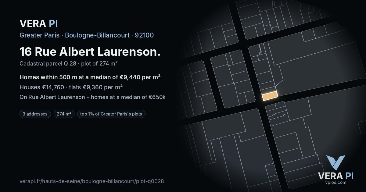 16 Rue Albert Laurenson, Boulogne-Billancourt at night – the plot lit, the parcels around coloured by the prices near them
