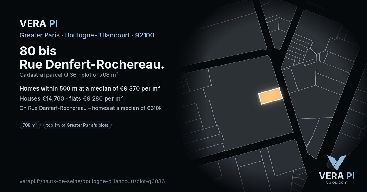 80 bis Rue Denfert-Rochereau, Boulogne-Billancourt at night – the plot lit, the parcels around coloured by the prices near them