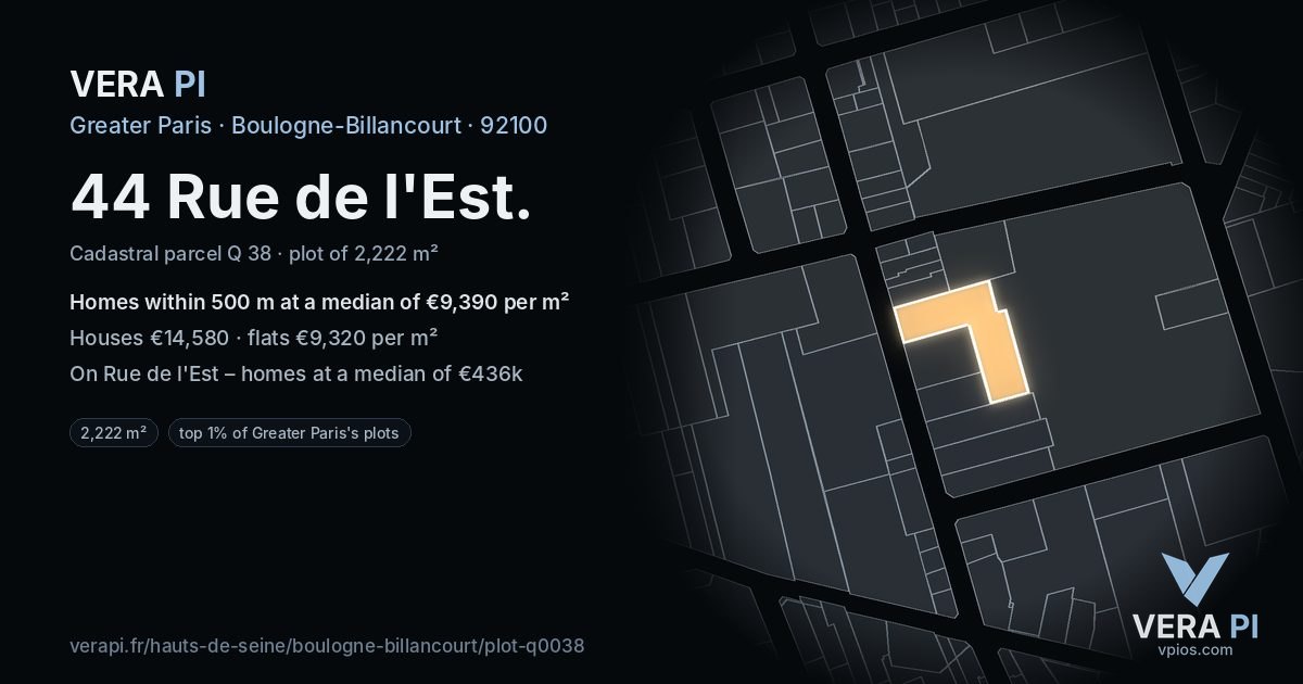 44 Rue de l'Est, Boulogne-Billancourt at night – the plot lit, the parcels around coloured by the prices near them