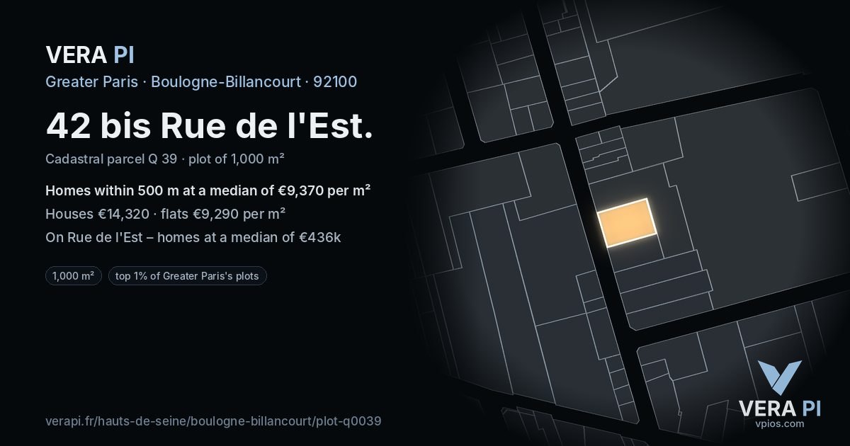 42 bis Rue de l'Est, Boulogne-Billancourt at night – the plot lit, the parcels around coloured by the prices near them