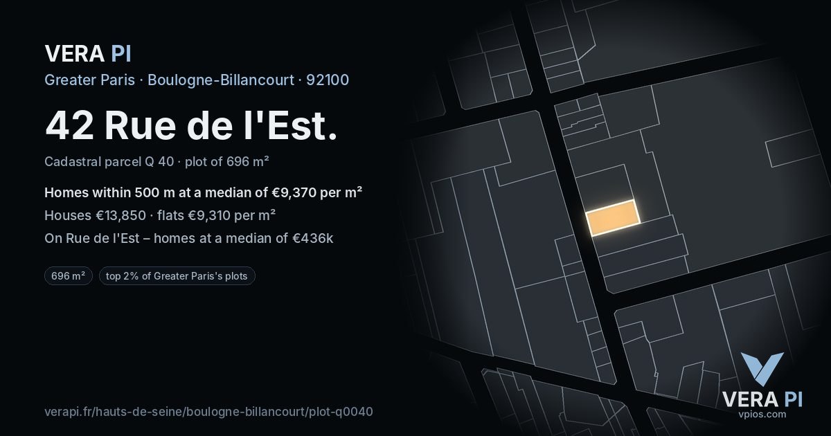 42 Rue de l'Est, Boulogne-Billancourt at night – the plot lit, the parcels around coloured by the prices near them