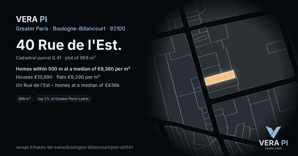 40 Rue de l'Est, Boulogne-Billancourt at night – the plot lit, the parcels around coloured by the prices near them