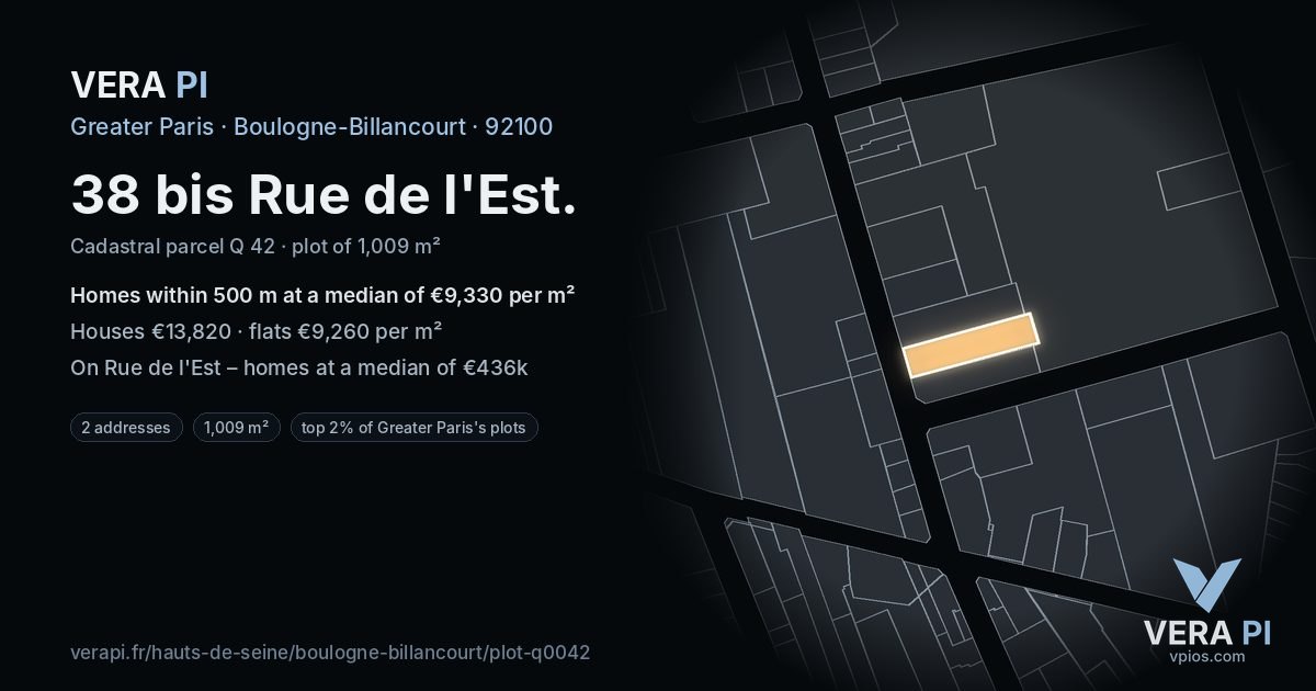 38 bis Rue de l'Est, Boulogne-Billancourt at night – the plot lit, the parcels around coloured by the prices near them