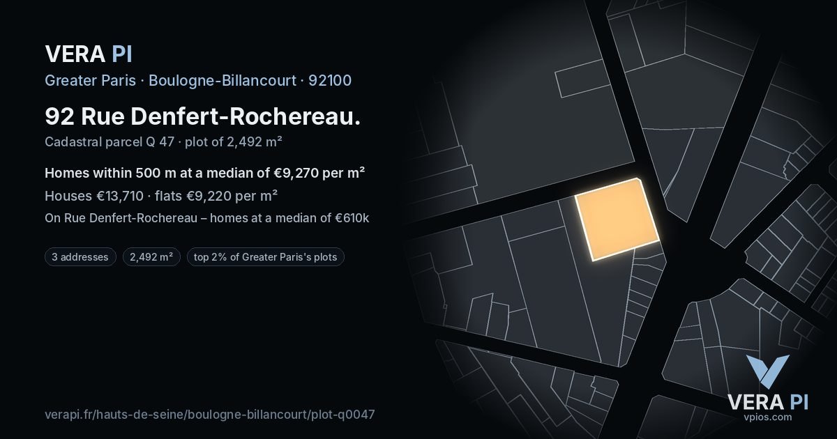 92 Rue Denfert-Rochereau, Boulogne-Billancourt at night – the plot lit, the parcels around coloured by the prices near them