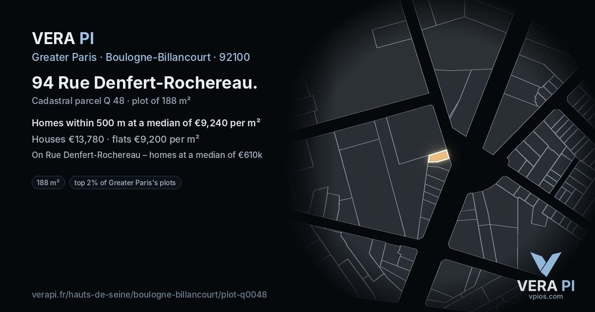94 Rue Denfert-Rochereau, Boulogne-Billancourt at night – the plot lit, the parcels around coloured by the prices near them