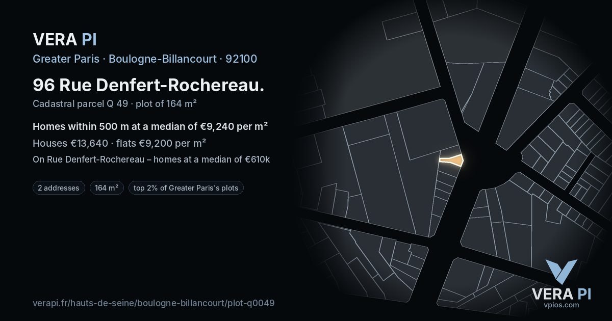 96 Rue Denfert-Rochereau, Boulogne-Billancourt at night – the plot lit, the parcels around coloured by the prices near them