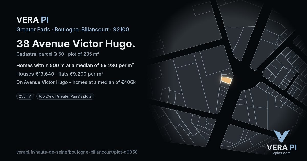 38 Avenue Victor Hugo, Boulogne-Billancourt at night – the plot lit, the parcels around coloured by the prices near them
